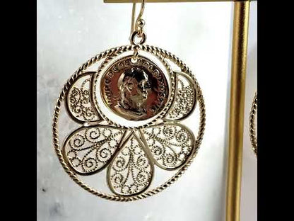 Filigree Coin Medallion Dangle Earrings with Petal Frame