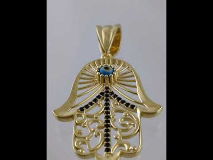 Hamsa Pendant with Black Spinel and Evil Eye – Gold over Sterling Silver, Enhancer Clasp