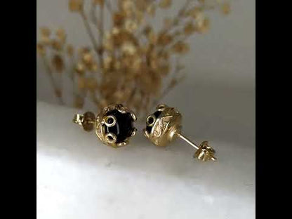 Black Onyx Stud Earrings Floral Frame