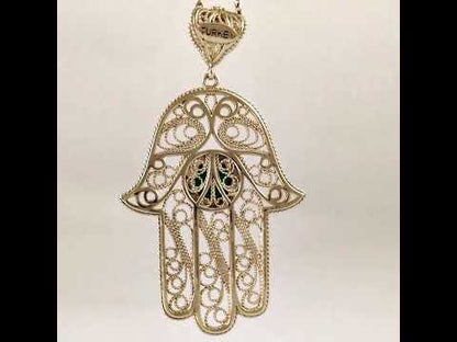 Green Crystal Hamsa Filigree Pendant with Ornate Openwork Design