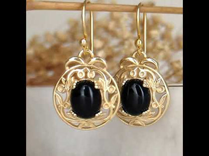 Gold Scroll Drop Earrings with Black Onyx – Ornate Artisan Design