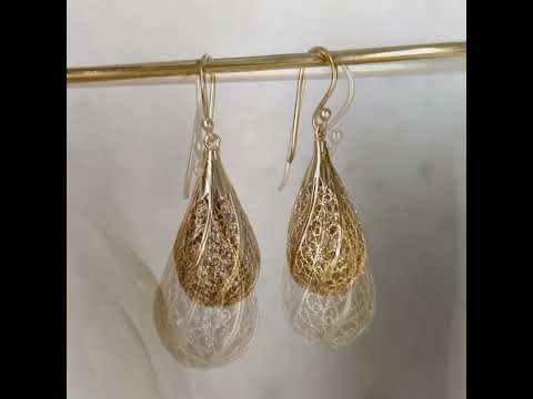 Gold Teardrop Filigree Drop Earrings – 18k Gold over Bronze