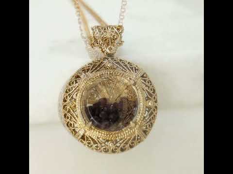 Filigree Locket Shaker Pendant with Floating Gemstones – 36 in. Love Link Chain