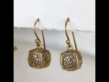 Filigree Cube Drop Earrings Gold Openwork Jewelry