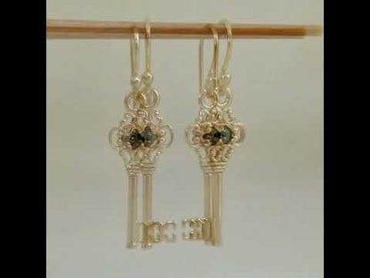Vintage Key Earrings Gold Filigree Green Crystal Dangle Earrings