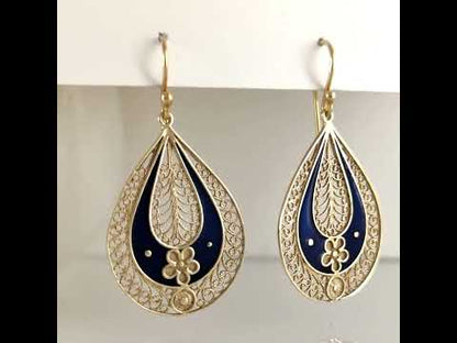 Blue Enamel Filigree Teardrop Drop Earrings