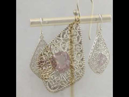 Filigree Drop Earrings with Morganite, Emerald, London Blue Topaz Color Quartz – Vintage-Inspired Jewelry