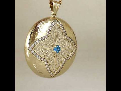 Gold Hammered Disc Pendant Blue CZ Filigree Floral Cross Medallion
