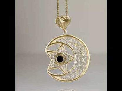 Gold Crescent Moon and Star Pendant with Black Onyx – Handcrafted Celestial Jewelry