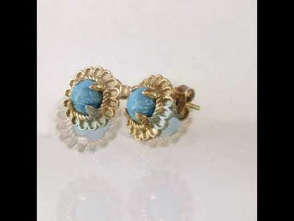 Turquoise Cabochon Stud Earrings with Ornate Floral Design