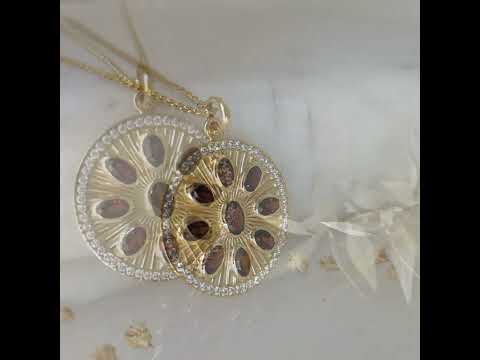 Garnet Sunburst Pendant – White CZ Halo, Gold over Sterling Silver
