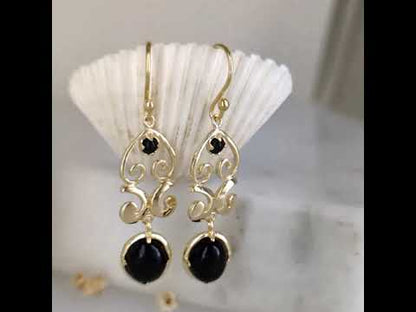 Gold Scroll Drop Earrings with Black Onyx or Blue Dumortierite – Handcrafted Bronze Jewelry