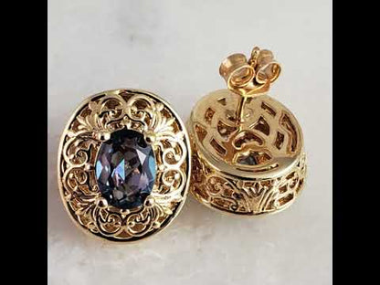 Scrollwork Quartz Filigree Stud Earrings - Choice of Genuine Sky Blue Topaz, Morganite, Tanzanite Color Quartz