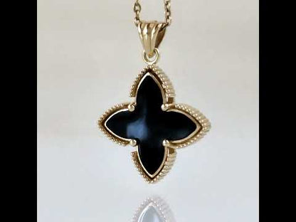 Black Four-Petal Pendant with Beaded Border