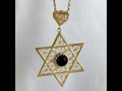 Gold Star of David Filigree Pendant with Black Onyx – Handcrafted Artisan Necklace