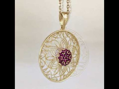 Dark Pink Crystal Floral Filigree Round Pendant