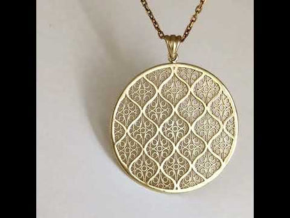 Gold Filigree Round Pendant Geometric Openwork Medallion Charm