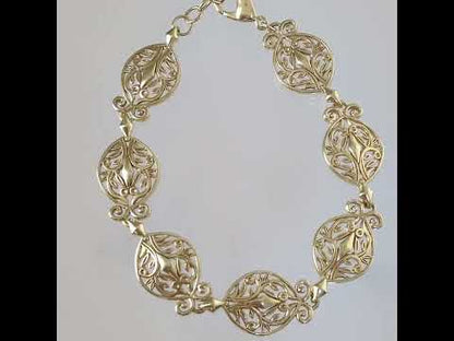 Filigree Link Bracelet with Ornate Detailing - Artisan Handmade Floral Bracelet in 18K Gold Over Bronze