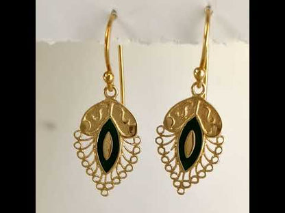 Filigree Leaf Drop Earrings with Green Enamel Detail