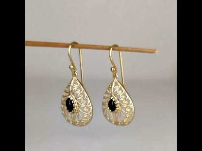 Black Onyx Teardrop Earrings Filigree Gold Dangle Earrings