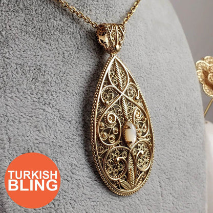 18K Gold Plated 10 x 5mm Gemstone Filigree Pendant - TurkishBling