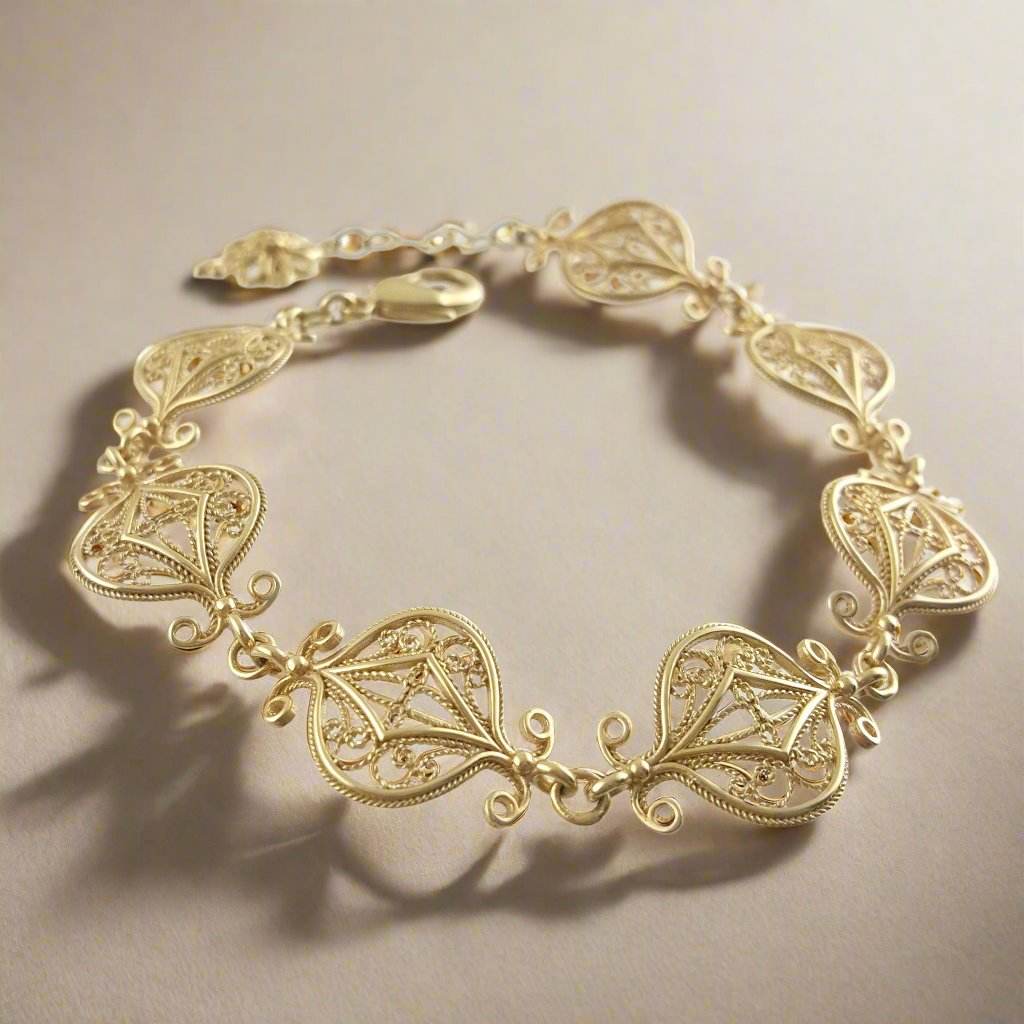 Gold Plated Bronze Filigree Bracelet with Elegant Floral Design - TurkishBling