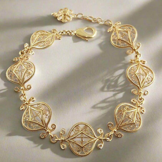 Gold Plated Bronze Filigree Bracelet with Elegant Floral Design - TurkishBling