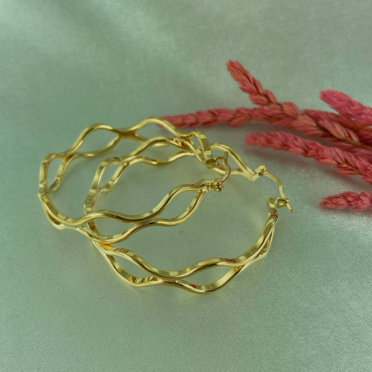 Wavy Ribbon Hoop Earrings 2" 18K Gold plated