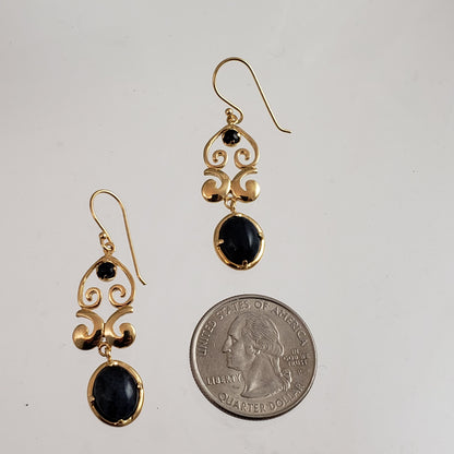 Gold Scroll Drop Earrings with Black Onyx or Blue Dumortierite – Handcrafted Bronze Jewelry