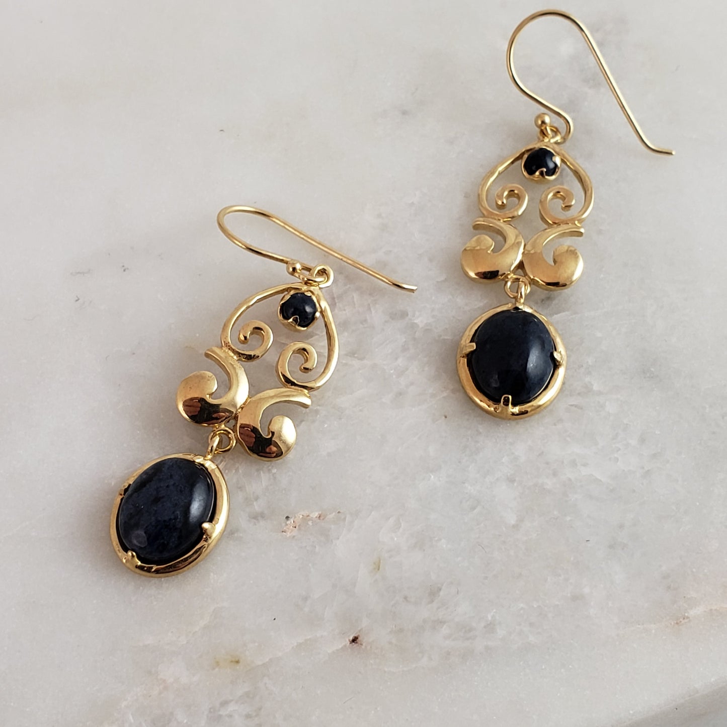 18K Gold Plated 1.75" Dumortierite Ornate Earrings