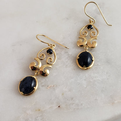 Gold Scroll Drop Earrings with Black Onyx or Blue Dumortierite – Handcrafted Bronze Jewelry