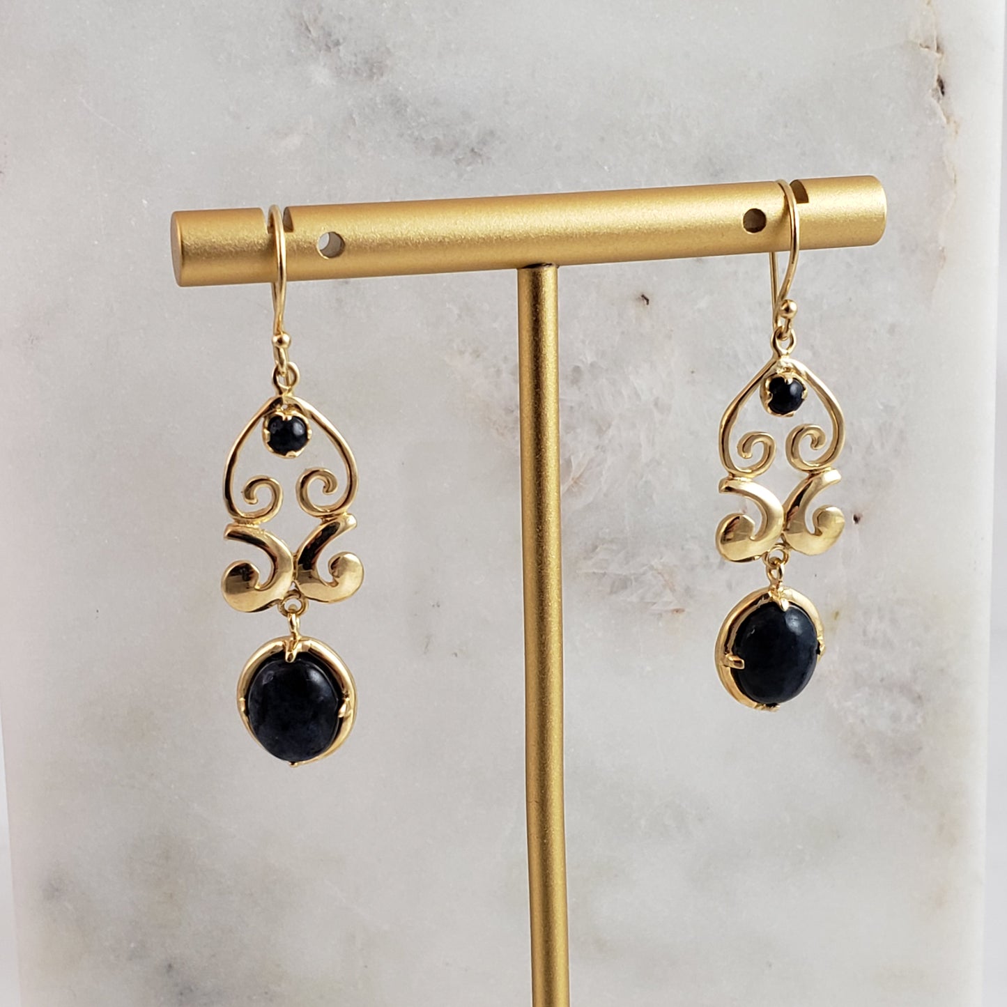 18K Gold Plated 1.75" Dumortierite Ornate Earrings