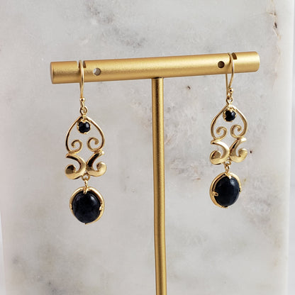 Gold Scroll Drop Earrings with Black Onyx or Blue Dumortierite – Handcrafted Bronze Jewelry