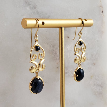 Gold Scroll Drop Earrings with Black Onyx or Blue Dumortierite – Handcrafted Bronze Jewelry