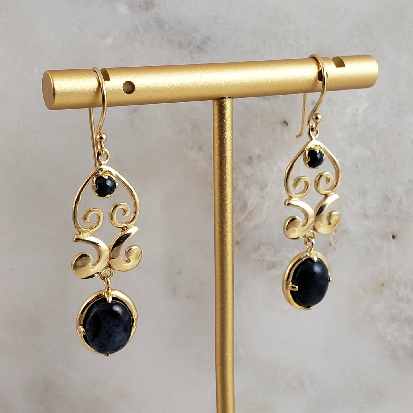 18K Gold Plated 1.75" Dumortierite Ornate Earrings