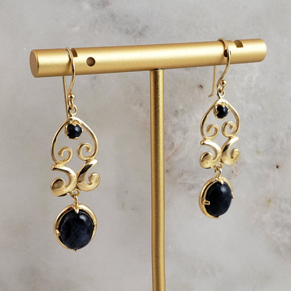 Gold Scroll Drop Earrings with Black Onyx or Blue Dumortierite – Handcrafted Bronze Jewelry