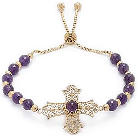 Gold Plated Amethyst Bead Cross Bracelet