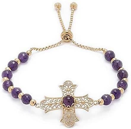 Gold Plated Amethyst Bead Cross Bracelet - TurkishBling
