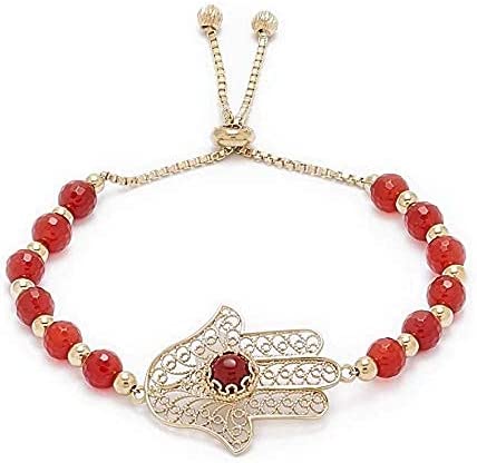 Charming Gold Plated Filigree Carnelian Bead Hamsa Bracelet