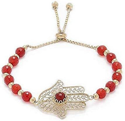 Charming Gold Plated Filigree Carnelian Bead Hamsa Bracelet - TurkishBling