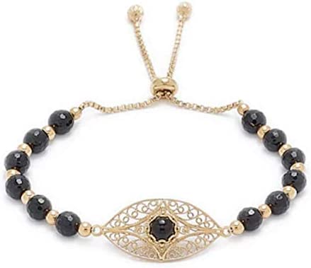 18K Gold Plated Black Onyx Bead Evil Eye Bracelet