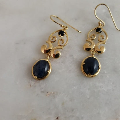 Gold Scroll Drop Earrings with Black Onyx or Blue Dumortierite – Handcrafted Bronze Jewelry