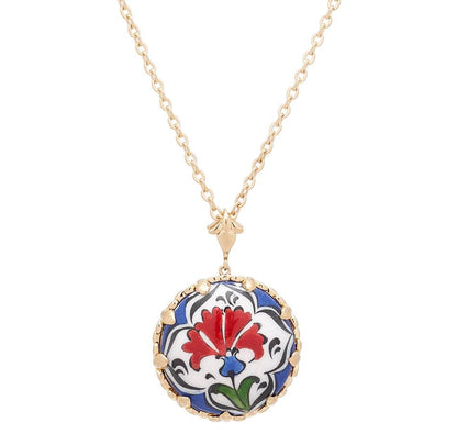 Floral Ceramic Pendant – Hand-Painted Design in 18k Gold over Bronze - TurkishBling