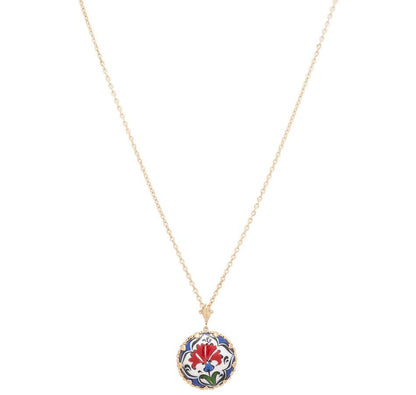 Floral Ceramic Pendant – Hand-Painted Design in 18k Gold over Bronze - TurkishBling