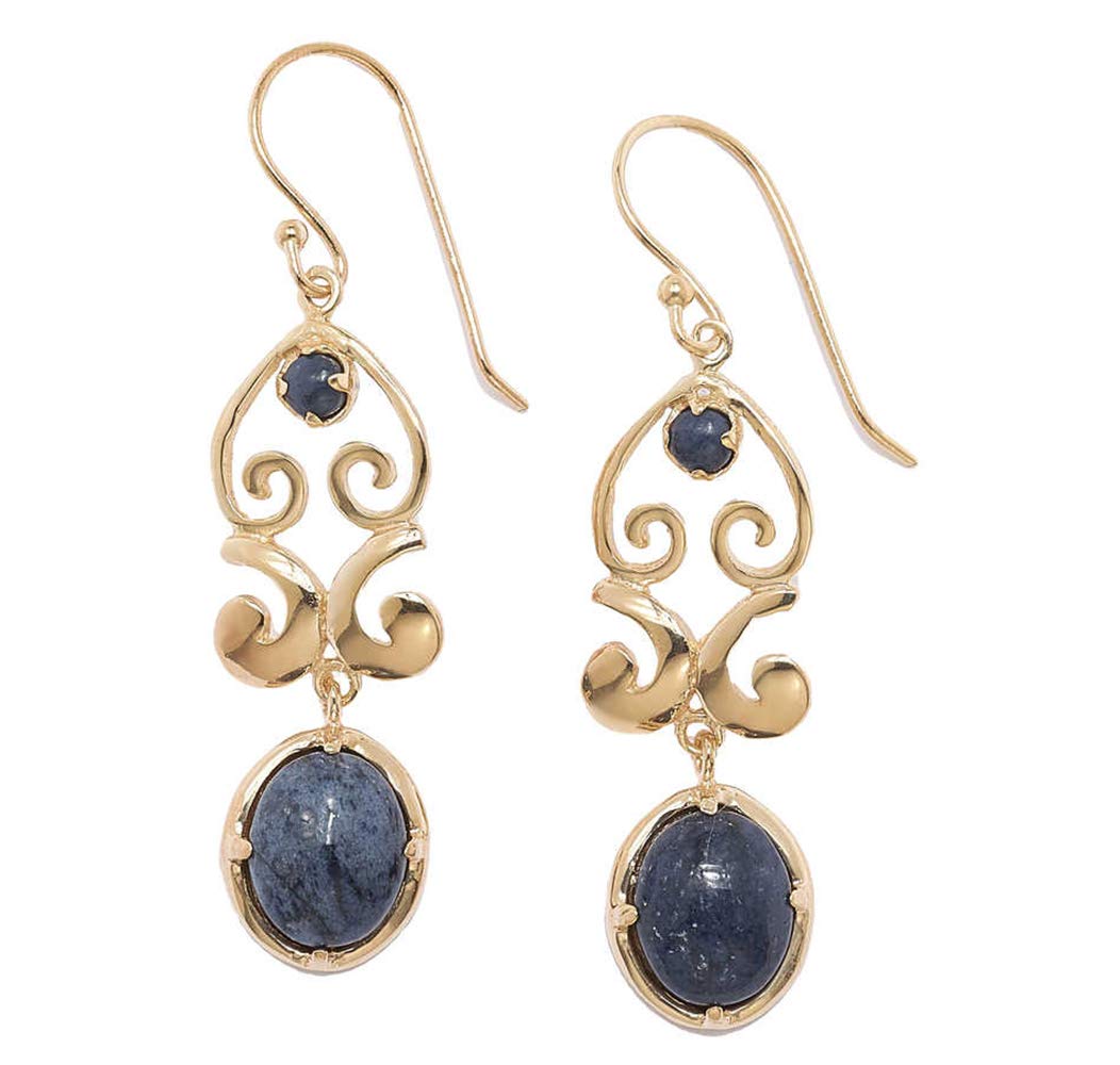 18K Gold Plated 1.75" Dumortierite Ornate Earrings