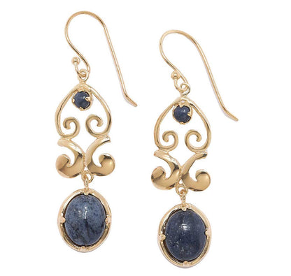 Gold Scroll Drop Earrings with Black Onyx or Blue Dumortierite – Handcrafted Bronze Jewelry