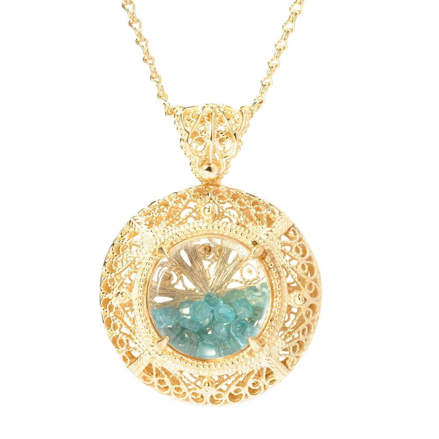 Filigree Locket Shaker Pendant with Floating Gemstones – 36 in. Love Link Chain - TurkishBling