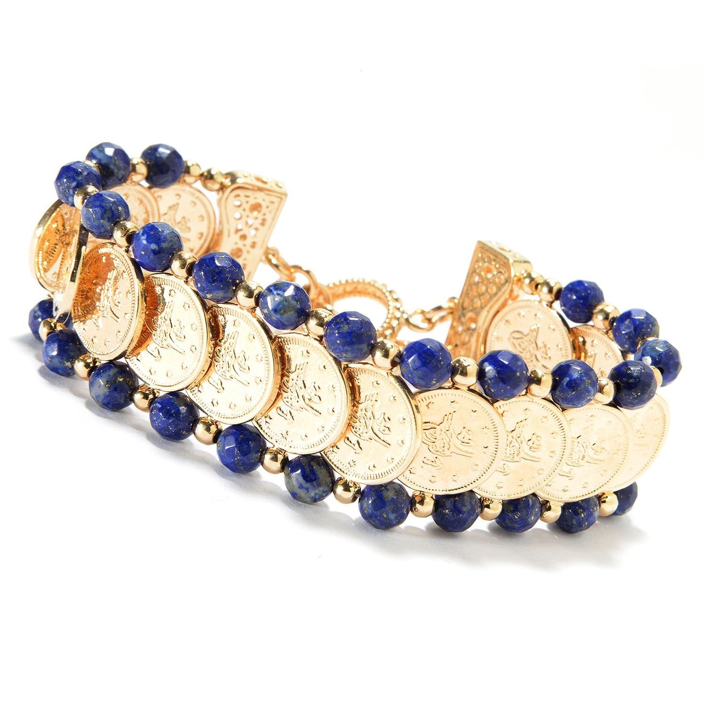 Gorgeous Turkish Coin Gem Statement Gold Bracelet .  Lapis  Agate Amethyst Blue Red