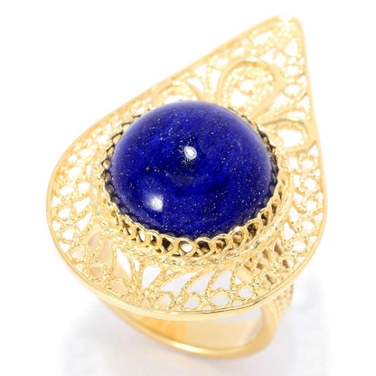 Statement size 14mm Round Lapis Cabochon Pear Shaped Filigree Ring