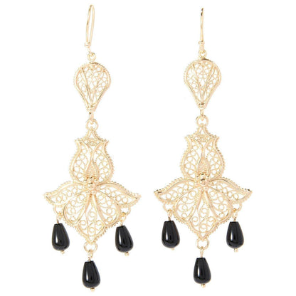 Ornate Filigree Dangle Earrings with Gemstone Drops - TurkishBling